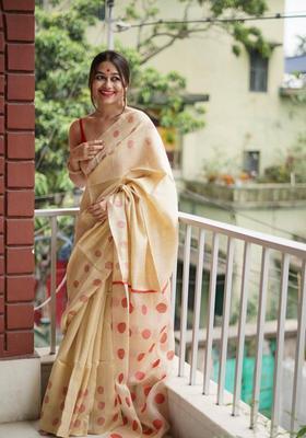 Cream Woven Silk Blend Saree Set