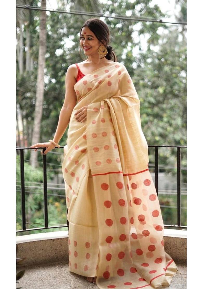 Cream Woven Silk Blend Saree Set - Indya