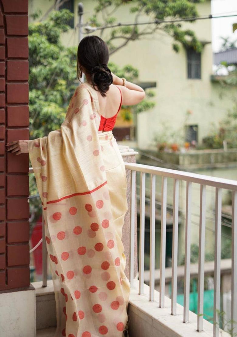Cream Woven Silk Blend Saree Set - Indya