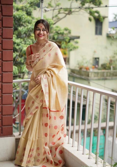 Cream Woven Silk Saree Set