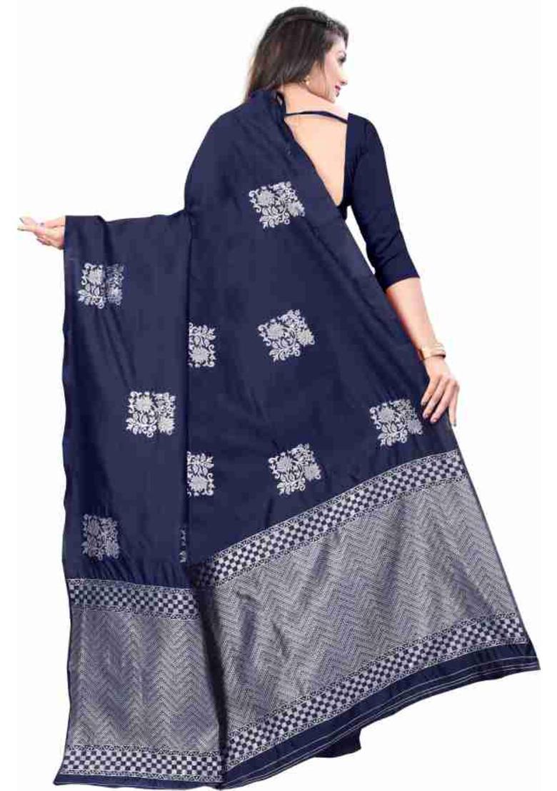 Navy Blue Woven Silk Blend Saree Set - Indya