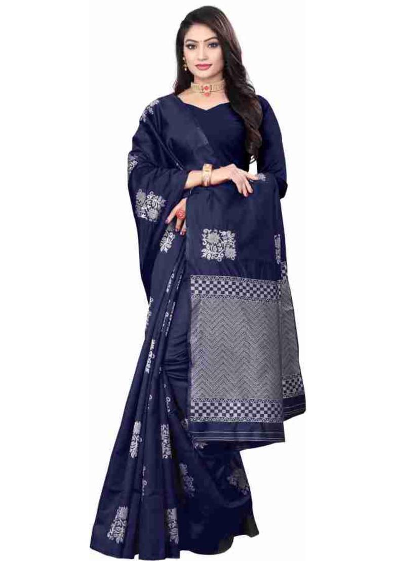 Navy Blue Woven Silk Blend Saree Set - Indya