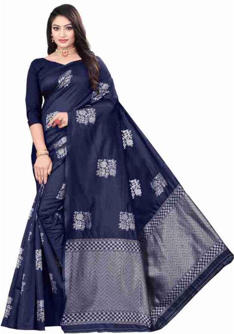 Navy Blue Woven Silk Blend Saree Set