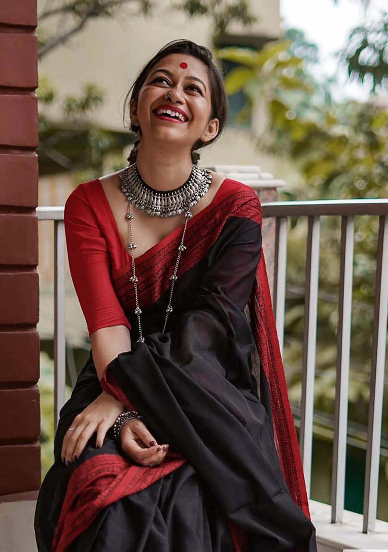 Black Woven Silk Blend Saree Set - Indya