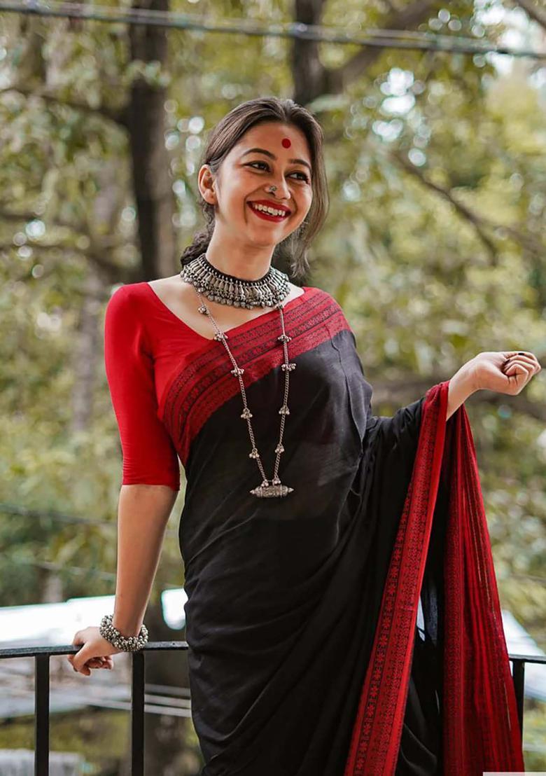 Black Woven Silk Blend Saree Set - Indya