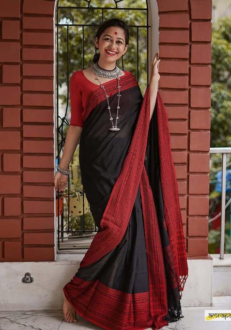 Black Woven Silk Blend Saree Set