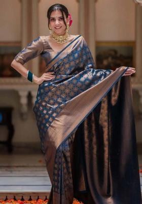 Blue Woven Jacquard Saree Set