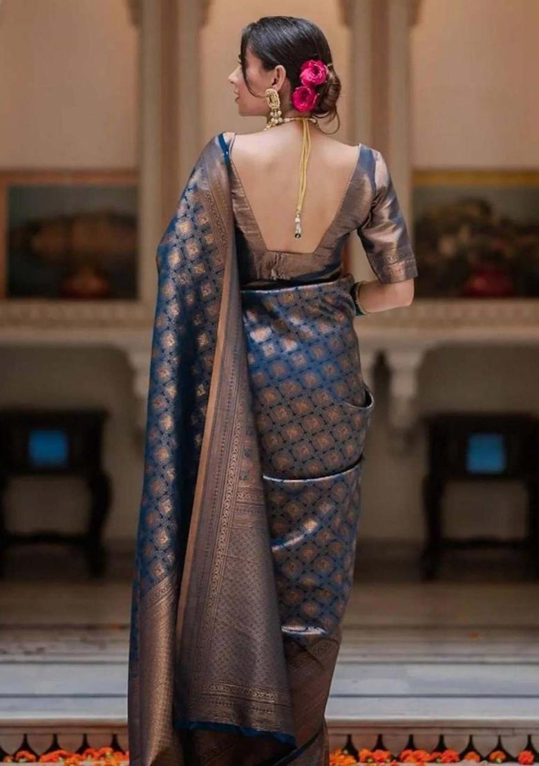 Blue Woven Jacquard Saree Set - Indya