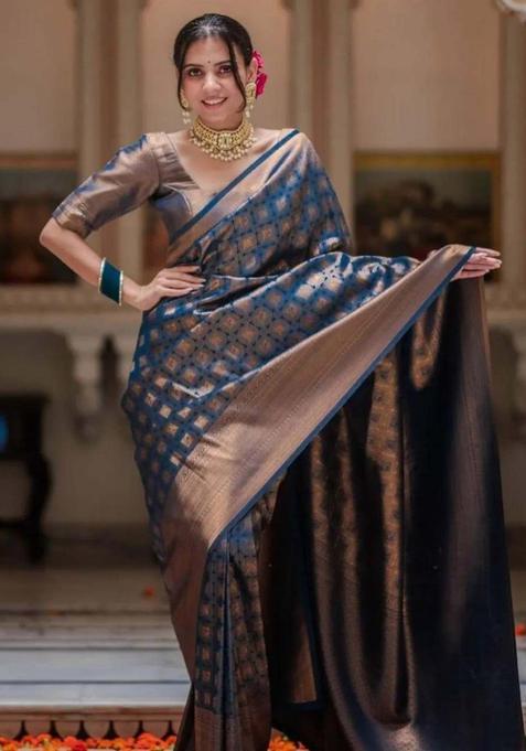 Blue Woven Jacquard Saree Set