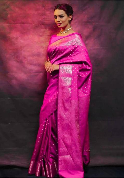 Pink Woven Jacquard Saree Set
