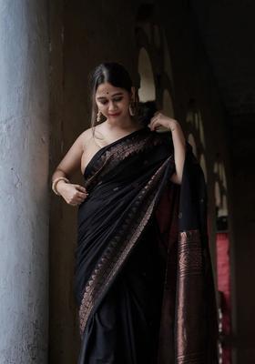 Black Woven Jacquard Saree Set