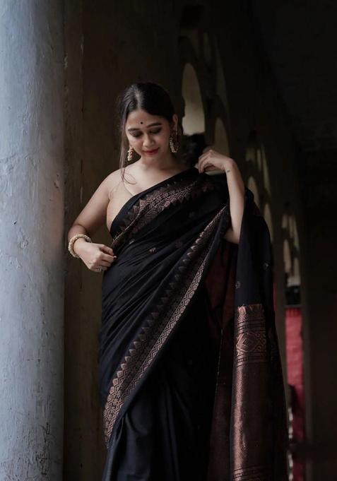 Black Woven Jacquard Saree Set