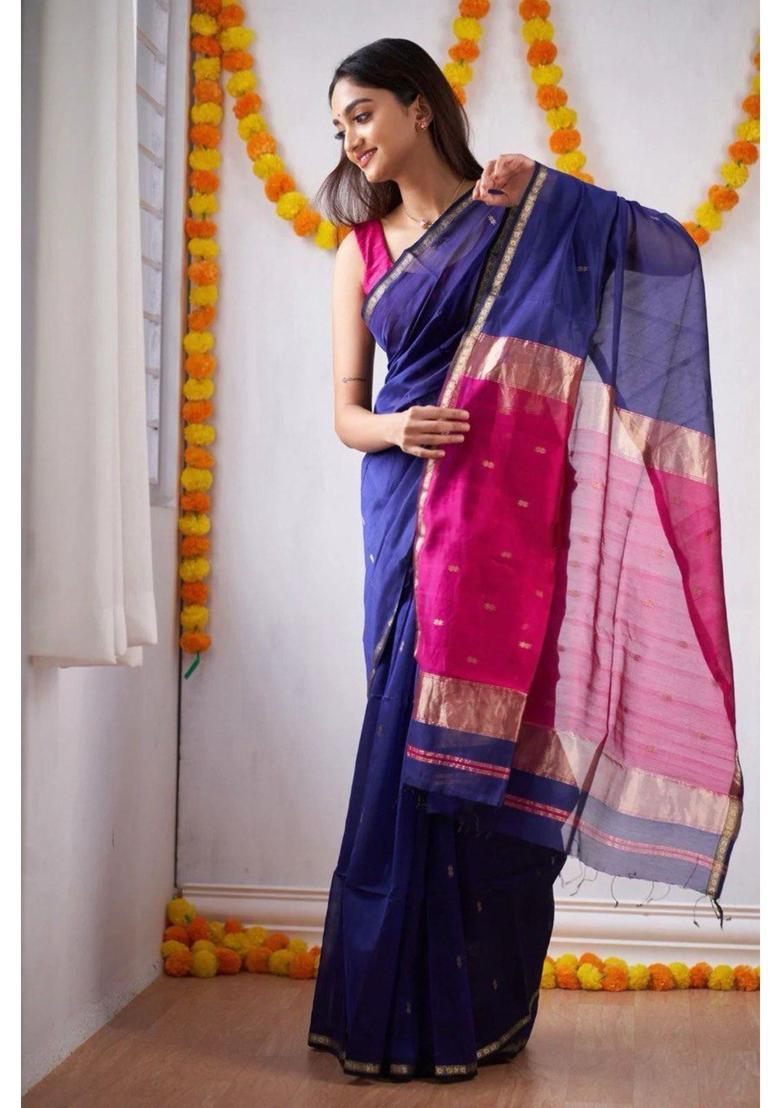 Blue Printed Jacquard Saree Set - Indya