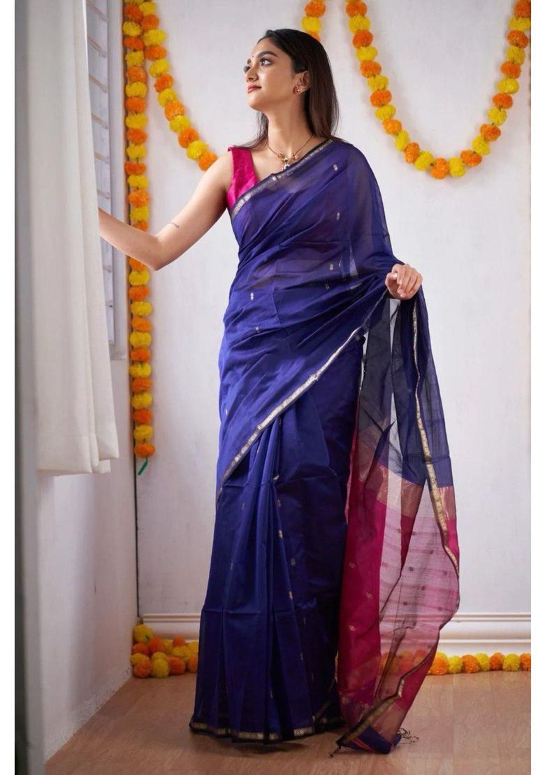 Blue Printed Jacquard Saree Set - Indya