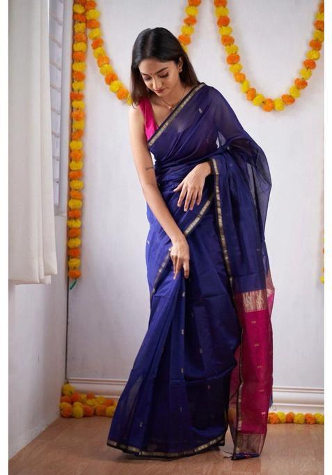 Blue Printed Jacquard Saree Set