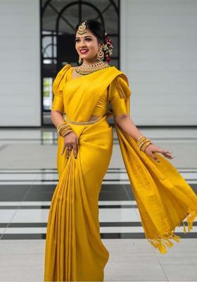 Yellow Woven Silk Blend Saree Set