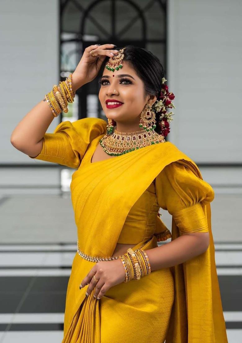 Yellow Woven Silk Blend Saree Set - Indya