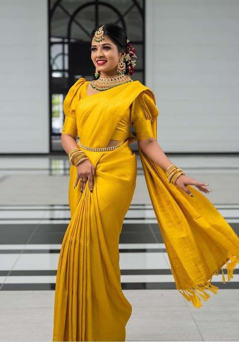 Yellow Woven Silk Blend Saree Set