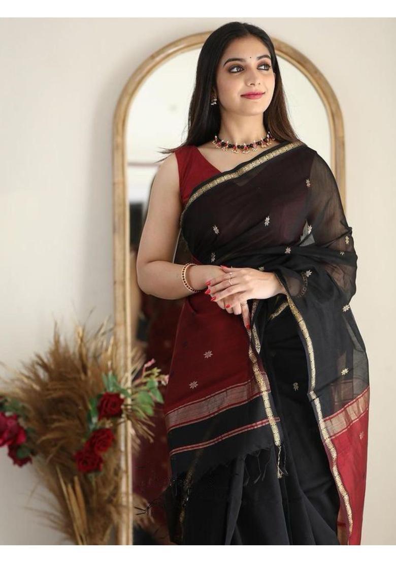 Black Printed Jacquard Saree Set - Indya