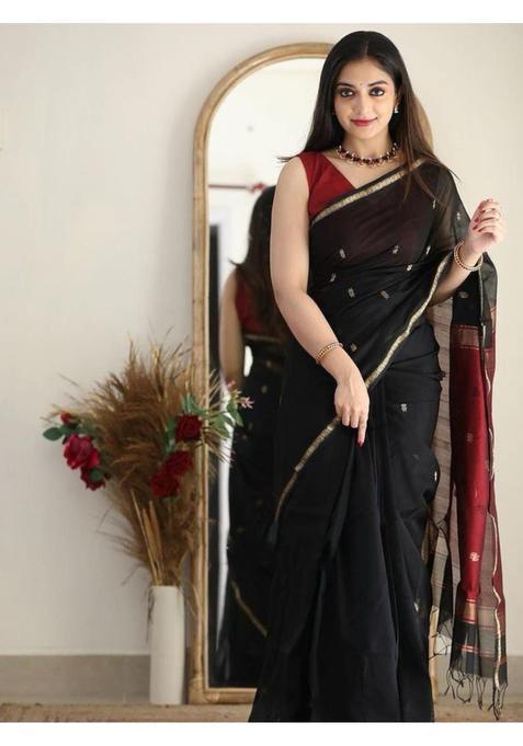 Black Printed Jacquard Saree Set