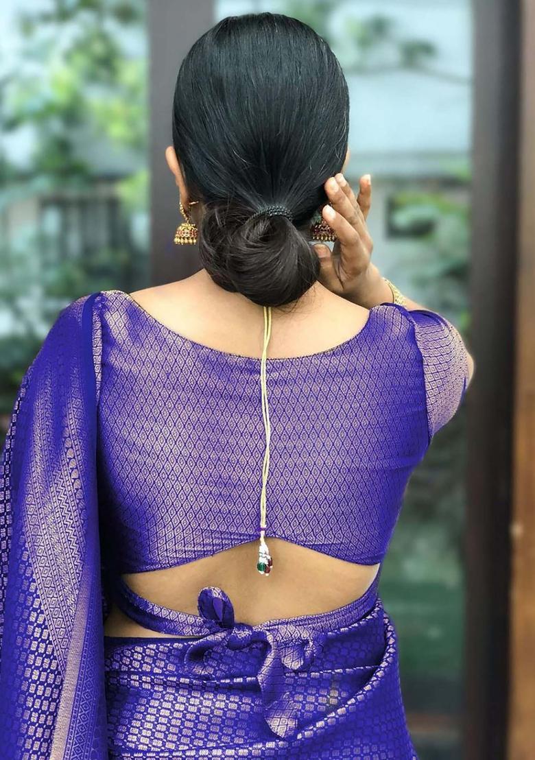 Blue Woven Jacquard Saree Set - Indya