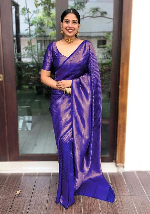 Blue Woven Jacquard Saree Set