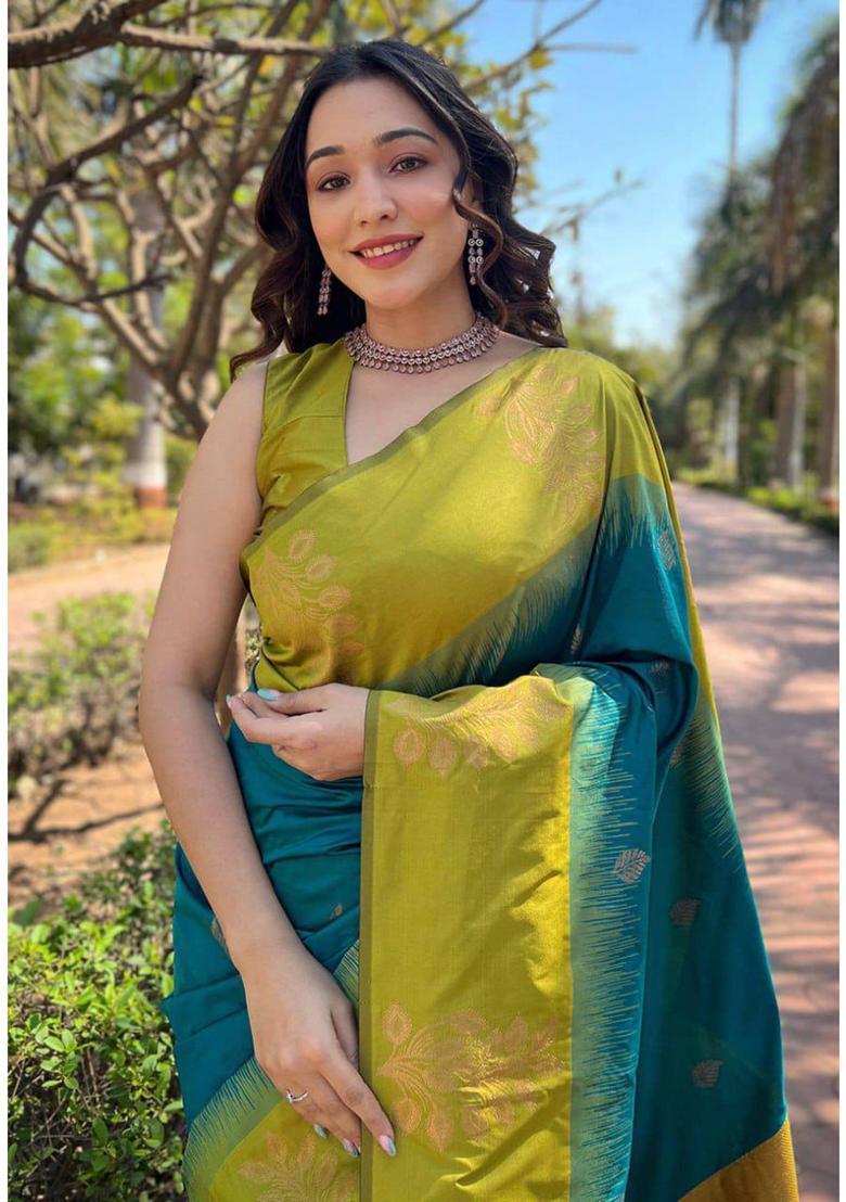 Blue Woven Jacquard Saree Set - Indya