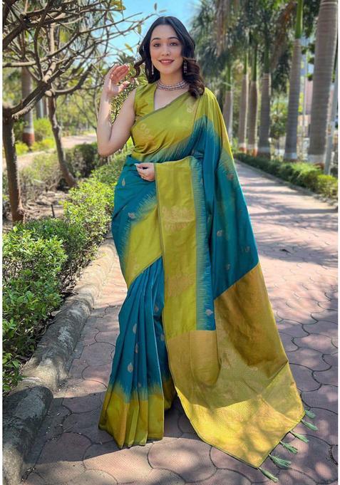 Blue Woven Jacquard Saree Set