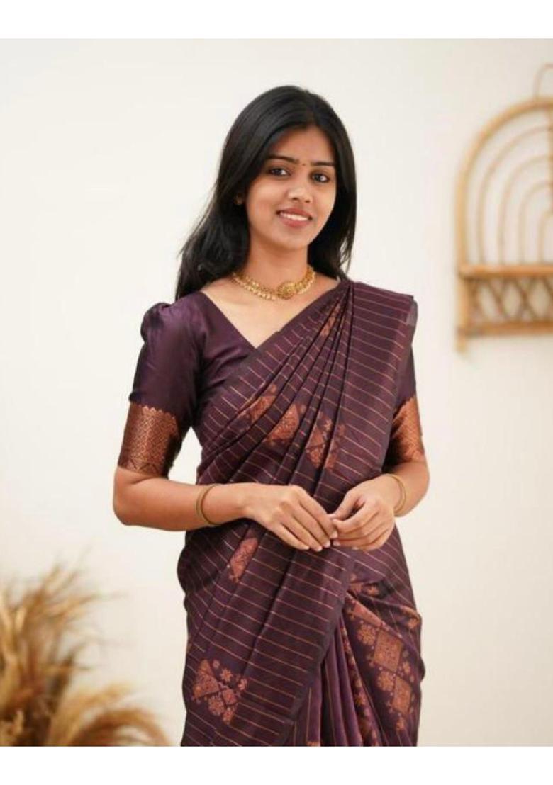 Wine Printed Jacquard Saree Set - Indya