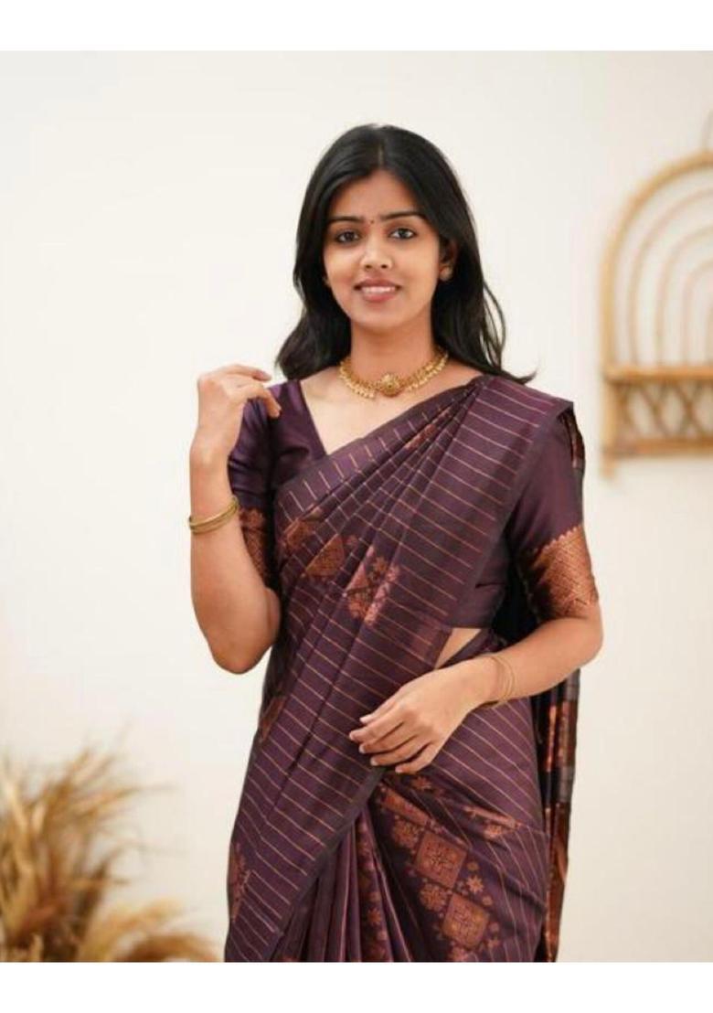 Wine Printed Jacquard Saree Set - Indya