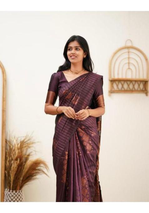 Wine Printed Jacquard Saree Set