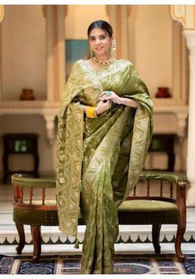 Olive Woven Jacquard Saree Set
