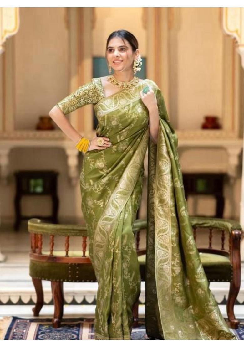 Olive Woven Jacquard Saree Set - Indya