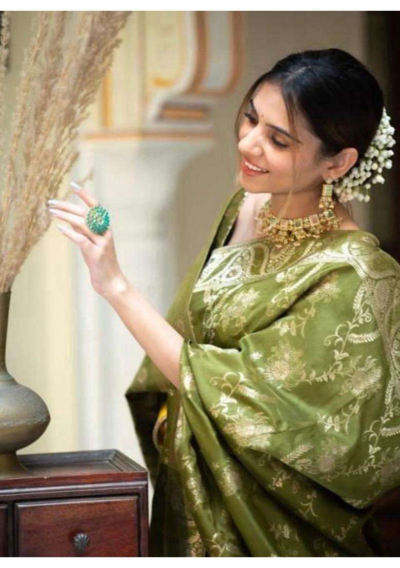 Olive Woven Jacquard Saree Set for Diwali | Wedding & Festive Wear - Indya