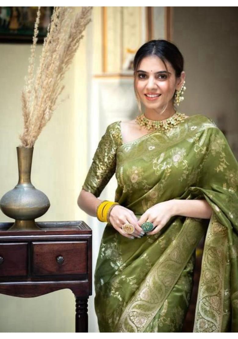 Olive Woven Jacquard Saree Set - Indya