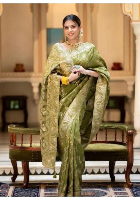 Olive Woven Jacquard Saree Set