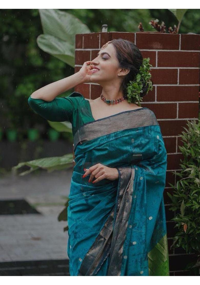 Blue Printed Jacquard Saree Set - Indya
