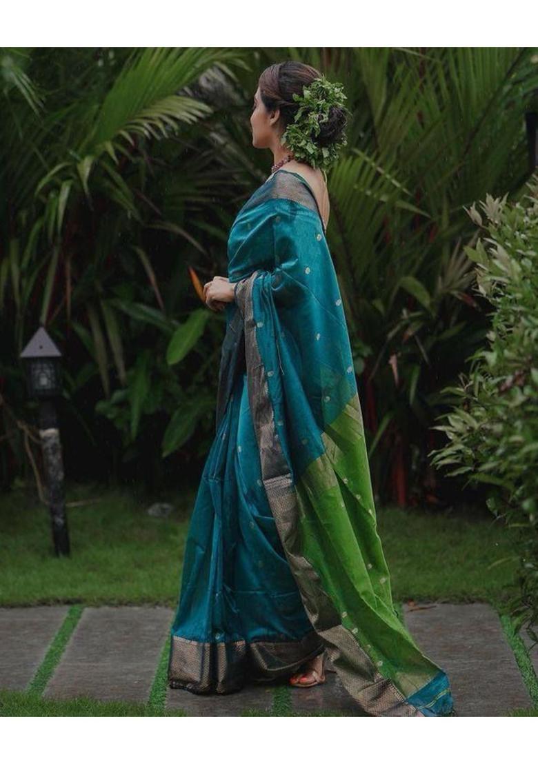 Blue Printed Jacquard Saree Set - Indya