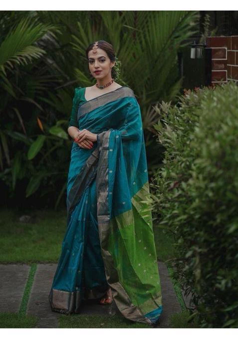 Blue Printed Jacquard Saree Set