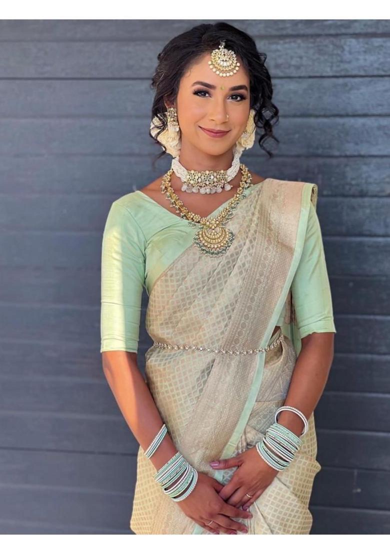 Golden Printed Jacquard Saree Set - Indya