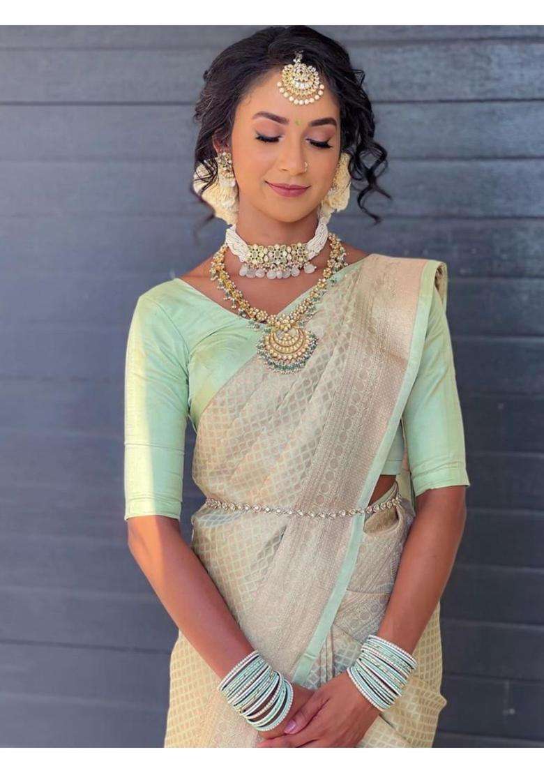 Golden Printed Jacquard Saree Set for Diwali and Festive Wear - Indya
