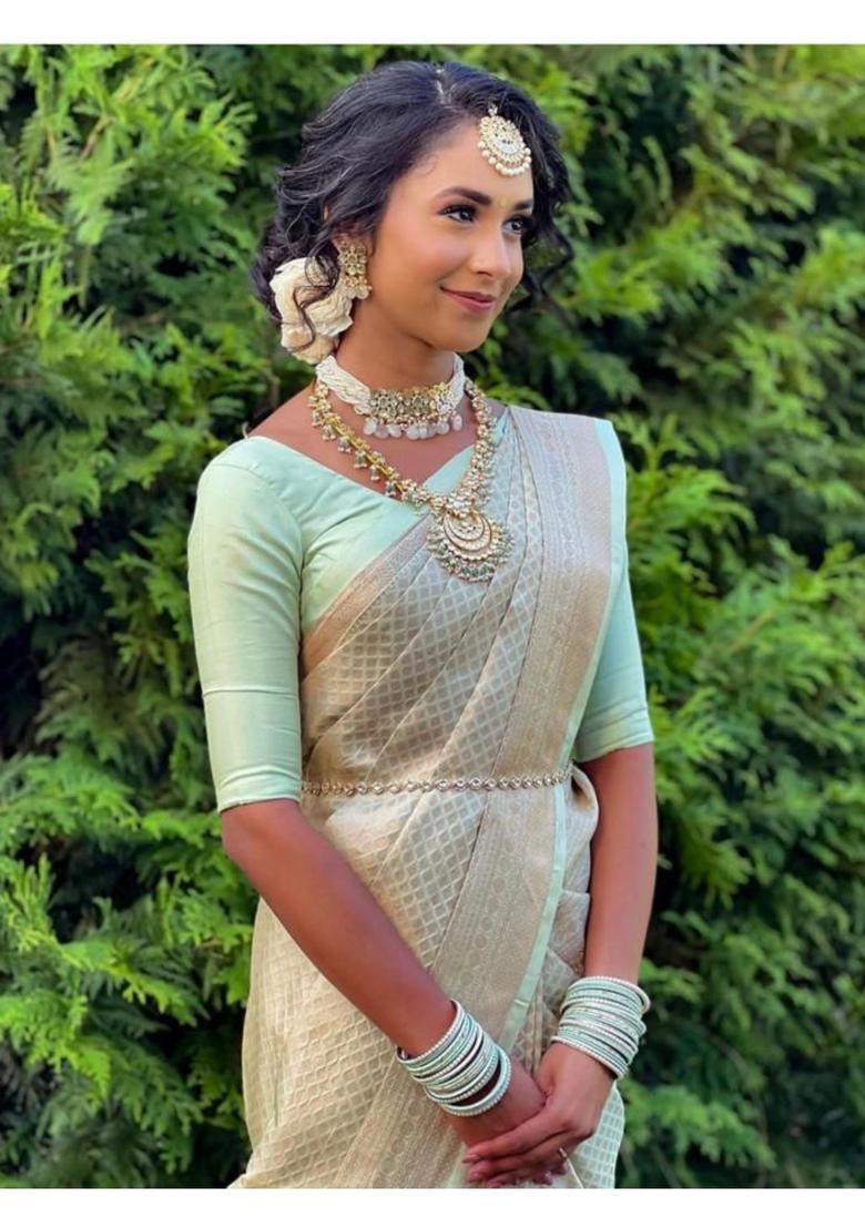 Golden Printed Jacquard Saree Set - Indya