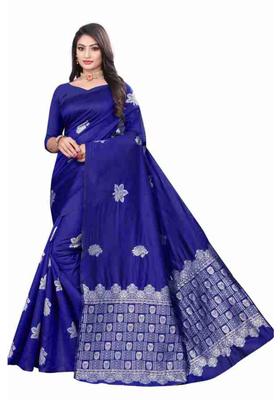 Blue Woven Silk Blend Saree Set