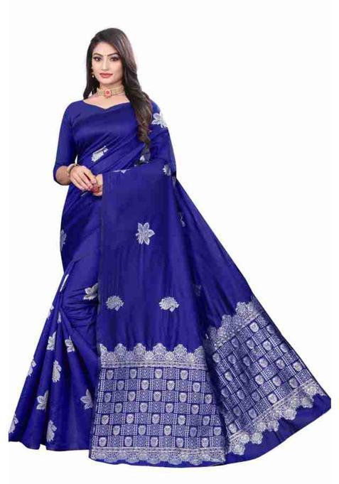 Blue Woven Silk Blend Saree Set