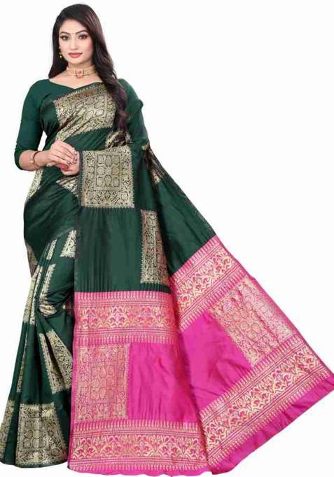 Green Colorblock Silk Blend Saree Set