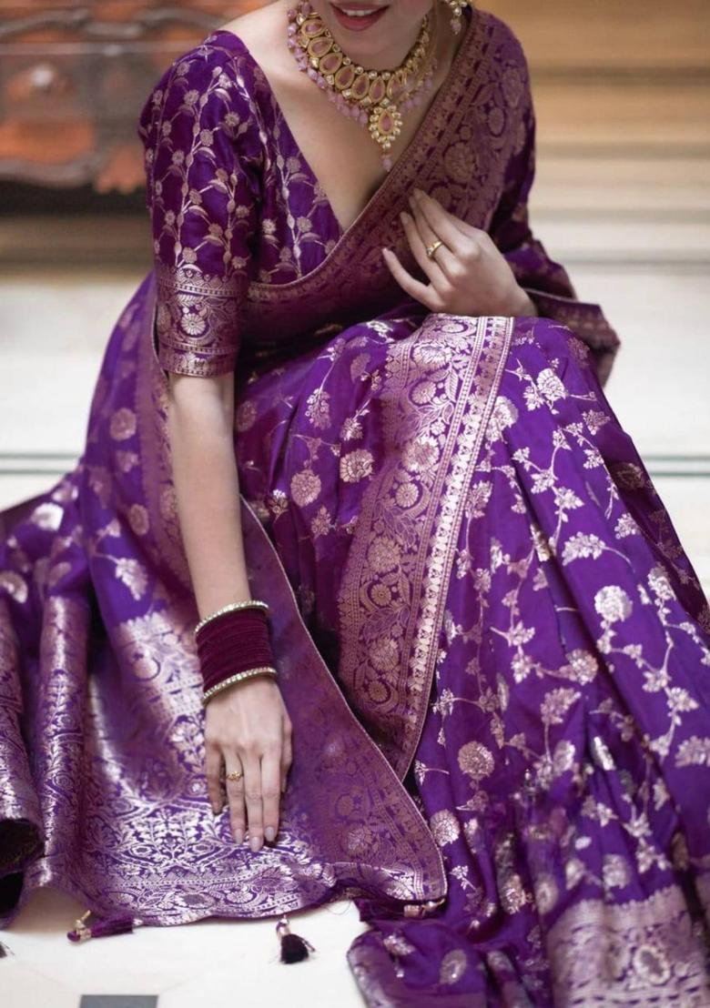 Purple Woven Silk Blend Saree Set - Indya