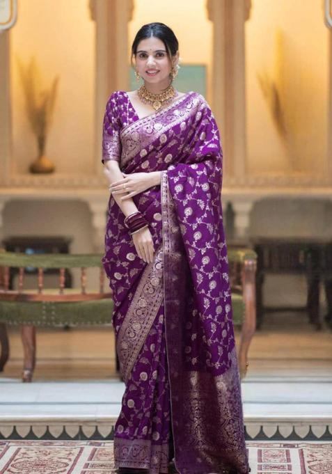 Purple Woven Silk Blend Saree Set