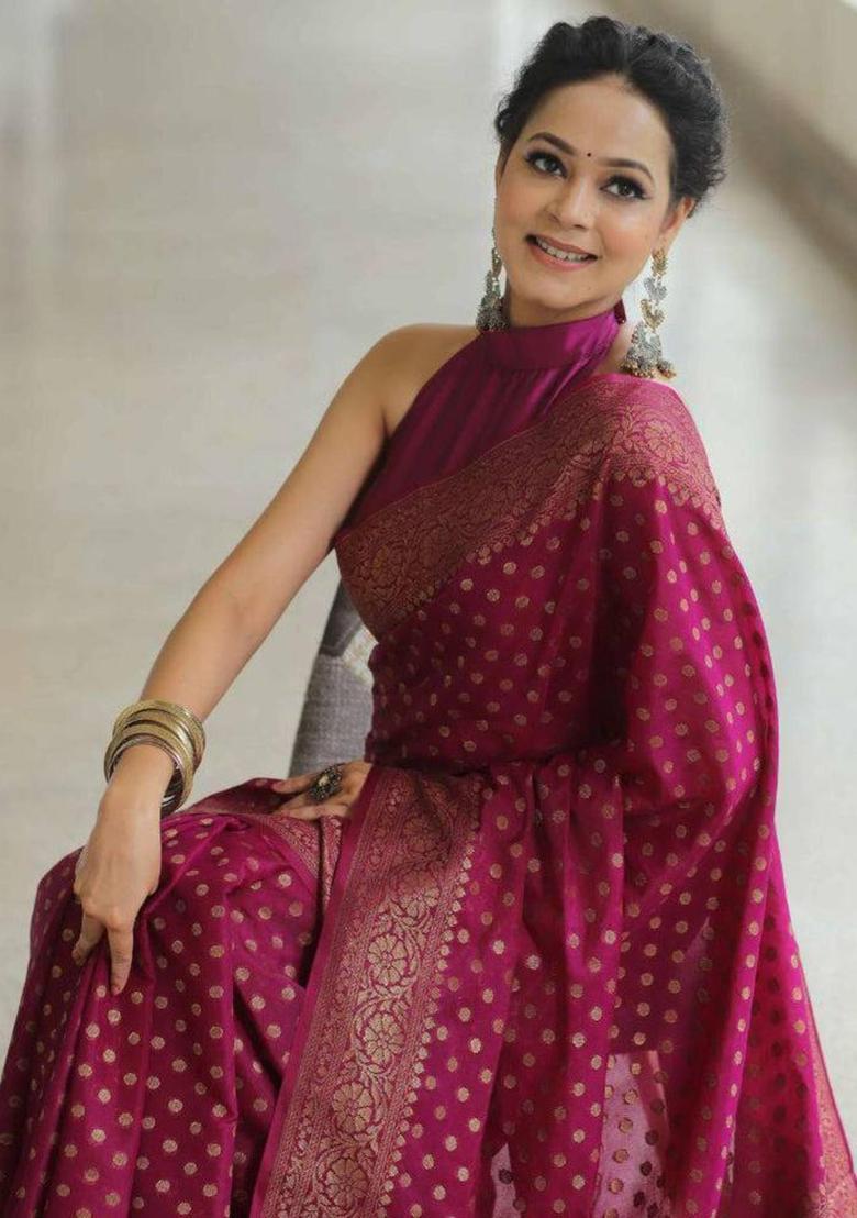 Pink Woven Jacquard Saree Set - Indya