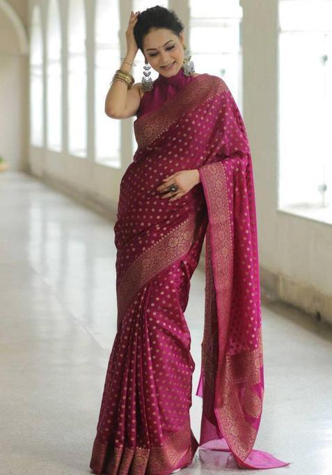 Pink Woven Jacquard Saree Set