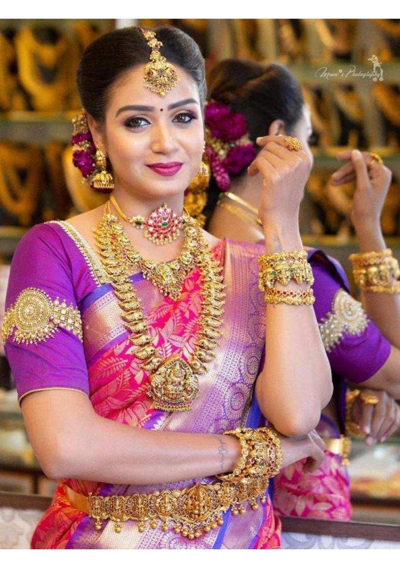 Pink Woven Silk Blend Saree Set - Indya